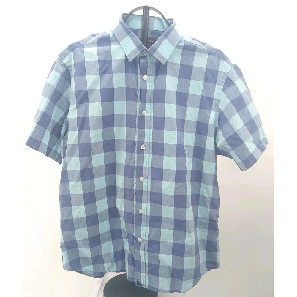 Untuckit Blue Check Short Sleeve 100% Cotton Men's Button Up Shirt Size Large